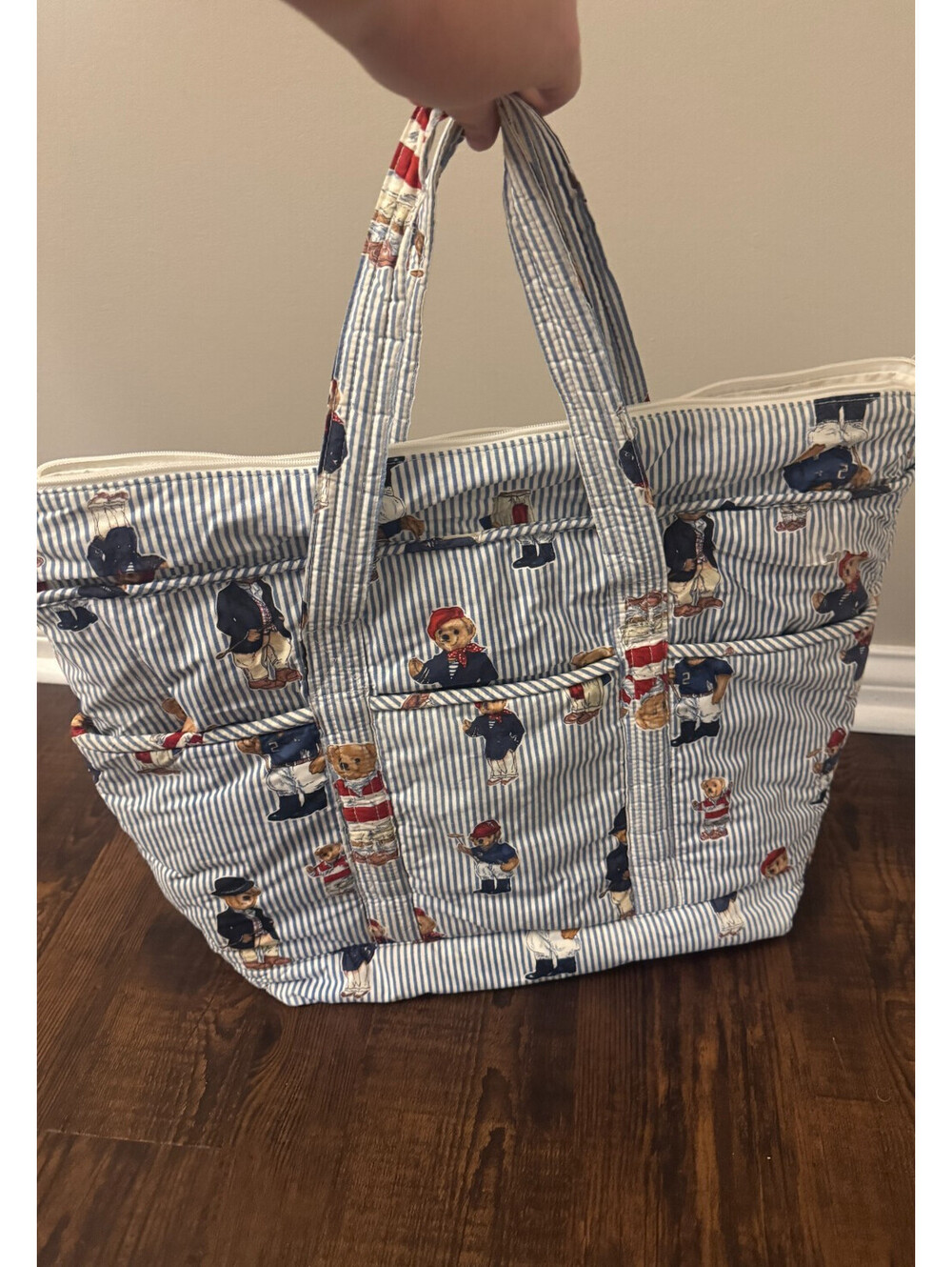 Vintage Ralph Lauren Polo bear blue white striped cotton tote shoulder bag READ